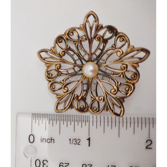 SYMMETALIC ART DECO BROOCH w/ Pearl Marked Sterling 1/20 14k (14k Gold Overlay) - Picture 4 of 4